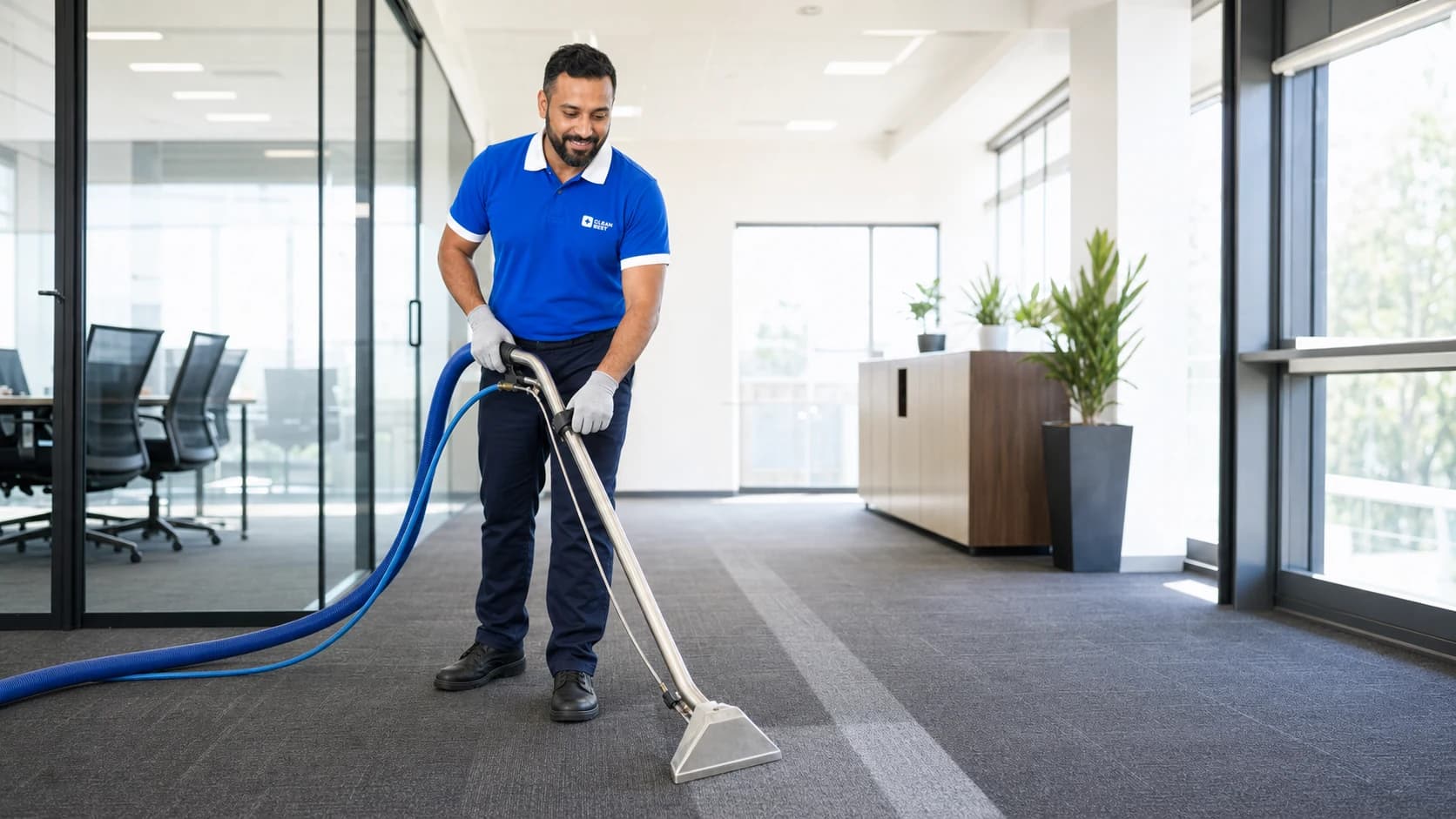 Clean Best technician deep cleaning carpet with a hot-water extraction machine, the term-break work booked by Sydney schools, NSW