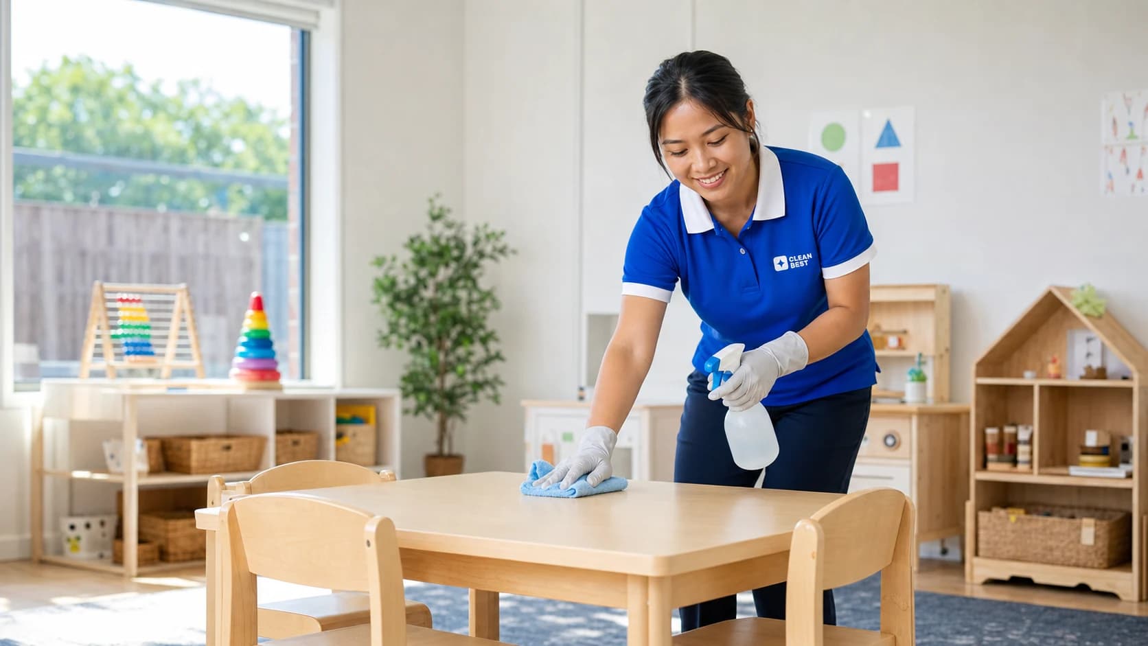 Clean Best cleaner sanitising a childcare centre play area in Sydney NSW