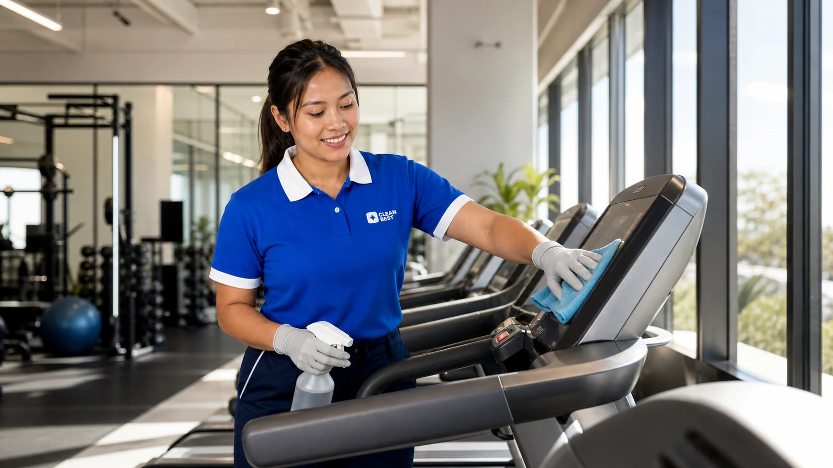Clean Best cleaner sanitising gym equipment in a Sydney fitness studio NSW