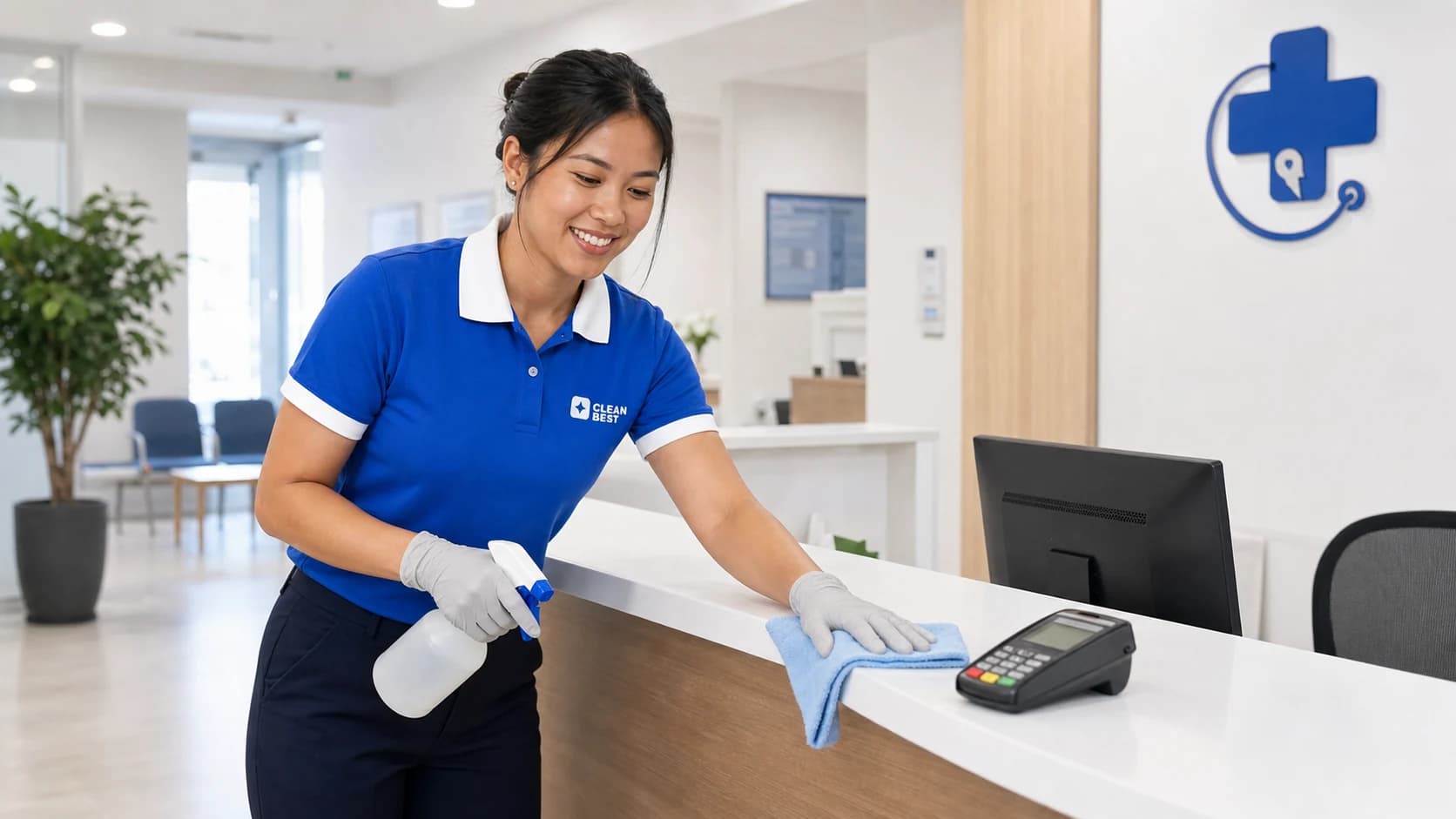 Clean Best cleaner disinfecting a medical centre reception counter during an infection-control clean in Sydney NSW